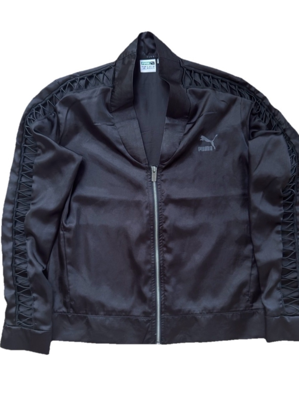 Puma EVO Women’s Satin Lace-Up Crop Track Jacket Black Bomber Large Athletic